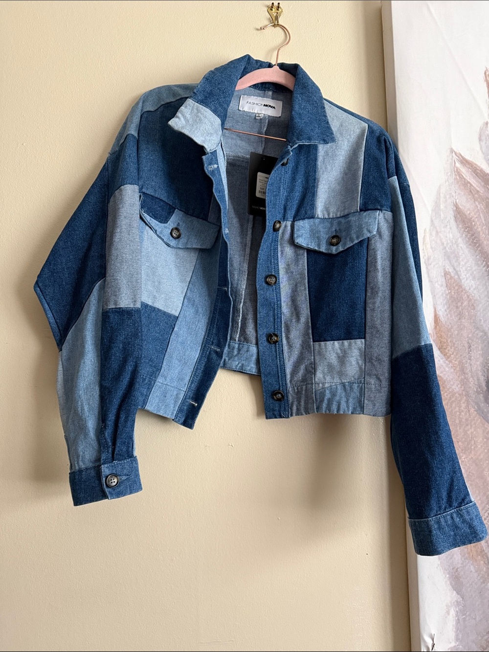 Fashion Nova Patchwork Cropped Denim Jacket - Blue